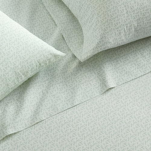 Image of Martha Stewart - Queen Size Sheets Set, Crisp & Tailored Cooling Sheets w /a Naturally Smooth Cotton Percale Lightweight Feel - Bed Sheets with Matching Pillowcases & Fitted Sheet (Leaves Green)