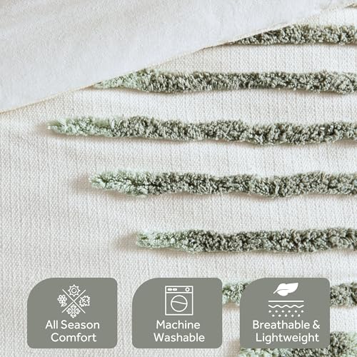 Image of Ink+Ivy Duvet Cover Set Chenille Tufted Geometric Duvet Cover for Queen Size Bed, All Season, Soft & Lightweight Cotton Rich Queen Bedding Cover & Shams, Tahli, Full /Queen Green /Ivory 3 Piece