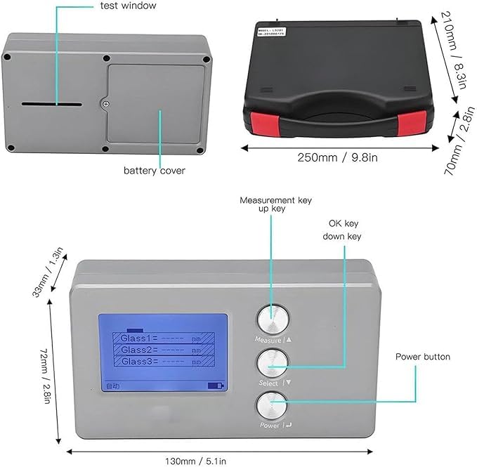 Herramienta de medición de grosor, precisión ± 0,1 mm, mide el grosor del vidrio y el espacio de aire, medición de grosor de vidrio aislante, rango: vidrio de 70 mm, huecos de aire de 45 mm