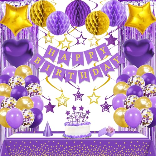 Image of Purple Gold Birthday Party Decorations Supplies Happy Birthday Banner Honeycomb Balls Fringe Curtain Foil Balloons Hanging Swirls Cake Topper Tablecloth Party Supplies for Women Girls