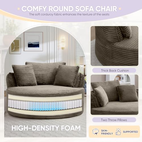 Image of Antetek 53.5-inch Round Chair, Modern Accent Corduroy Comfy Deep Seat Boneless Foam Floor Single Circle Chaise Sofa Chair with 3 Pillows for Living Room Bedroom Office, No Assembly Required, Camel