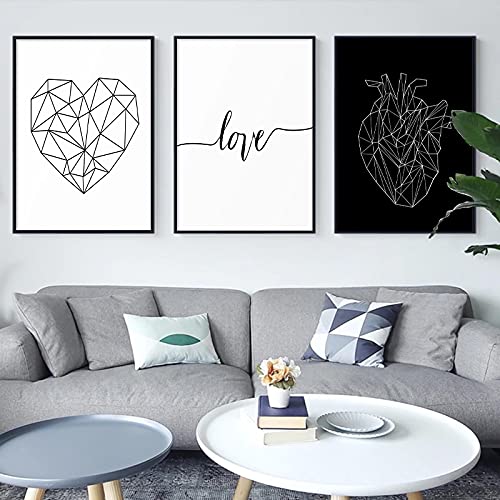 Motif cœur géométrique lot de 3 toiles noir et blanc style scandinave 60x80
