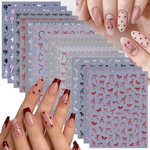 Bow Nail Art Stickers Decals 16 Sheets Red Ribbon Stickers for Nails Cute Gold Silver Pink Black White Bows Decals 3D DIY Self-Adhesive Nail Designs Manicure Decorations Accessories for Women