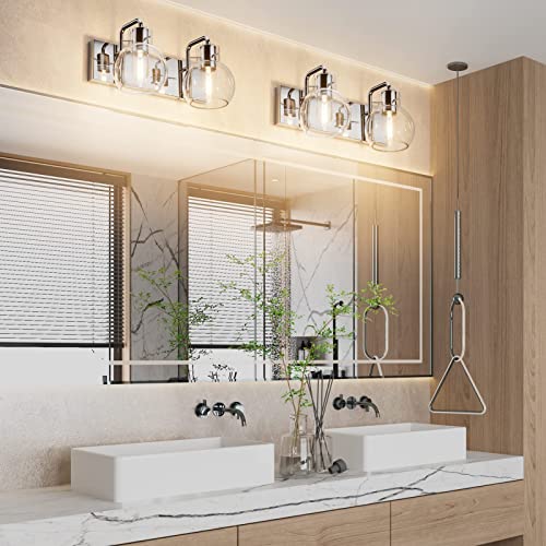 Image of Tipace Chrome Vintage Bathroom Vanity Light,2 Lights Modern Stainless Steel with Globe Clear Glass Bathroom Light Fixtures Industrial Wall Mount Lighting Sconce(Exclude Bulb)