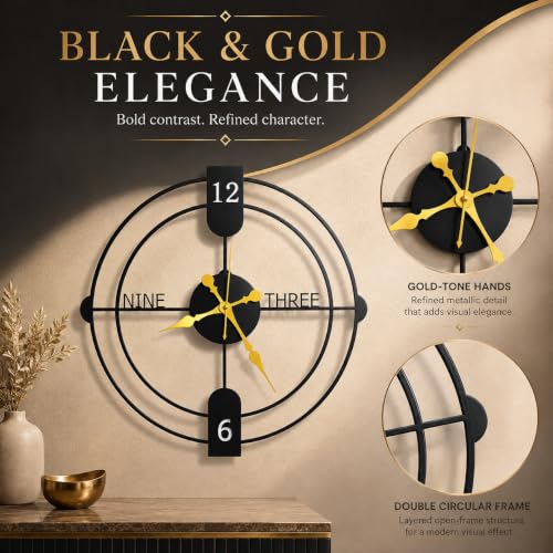 Image of 40 cm Metal Wall Clock, Black, Silent Non-Ticking | Silent Non-Ticking, Skeleton, Modern Iron Analog, For Living Room, Bedroom, Hall, Office & Home Decor
