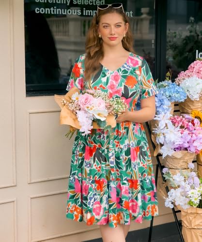 Image of CARCOS Plus Size Dresses for Women Summer Short Sleeve V Neck Patchwork Dresseses XL-5XL