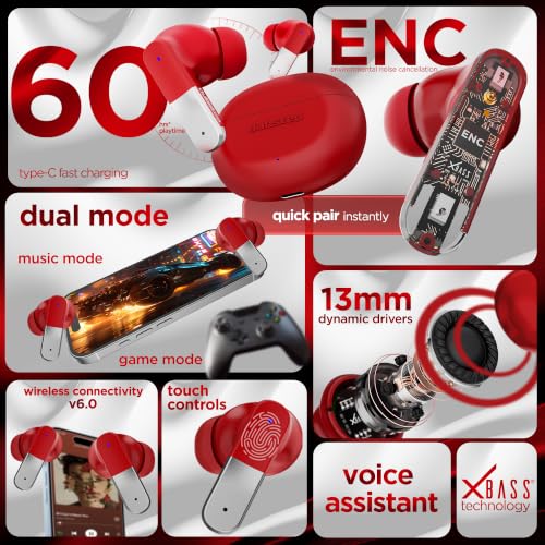 Image of Dubstep Buzz X12 TWS Earbuds, 60Hr Playtime, Bluetooth 6.0, ENC Noise Cancellation, 13mm Drivers, Game & Music Dual Mode, 40ms Low Latency, Touch Control, Quick Charge (Red)