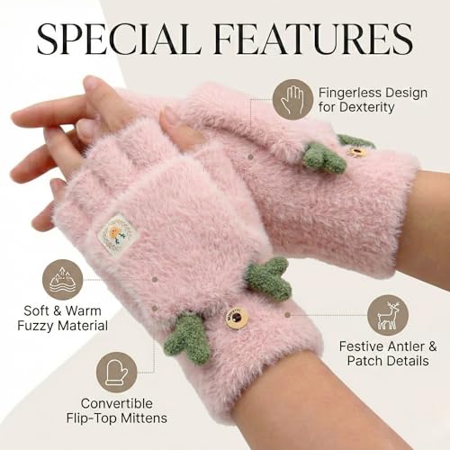 Image of Kraptick Women's Cute Reindeer Plush Convertible Fingerless Gloves - Winter Warm Fluffy Flip-Top Mittens - Korean Style Soft Hand Warmers for Girls & Ladies (Free Size, White)-3