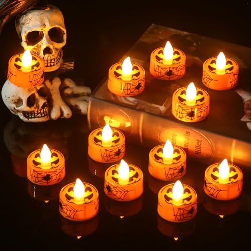 Image of GenSwin Pumpkin Spiderweb Halloween Flameless Candle Battery Operated Timer | Battery Included, LED Tealight Candles for Home Halloween Decoration Gifts, 12 Pack