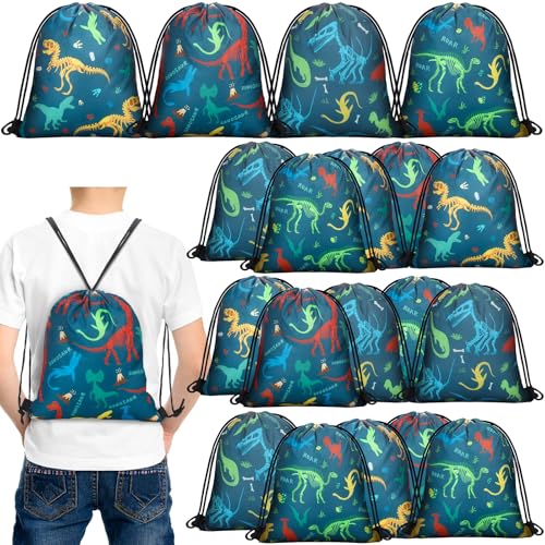 Weewooday 20 peças de lembrancinhas de festa de dinossauro bolsa de presente com cordão de dinossauro, suprimentos de festa, mochila para crianças, aniversário, doces e lanches, bolsa de armazenamento