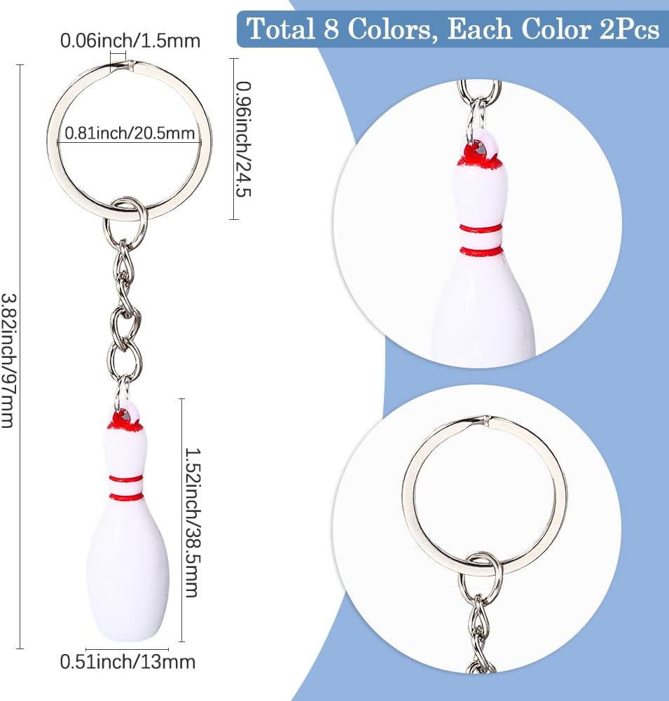 16Pcs 8 Colors Bowling Ball Keychains Sports Key Rings Bulk Silver Metal Alloy Resin Party Favors Carnival Reward Fillers Souvenir Bowling Pin Charm Keyring for Backpack DIY Crafts Decor - Image 2