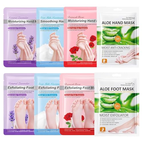 8 Paar Feuchtigkeitsspendende Handmask und Fußmasken - 4Pcs Handpflege Handschuhe und 4Pcs Fußpeeling-Masken Für Sehr Trockene Hände, Hand Peeling Maske für Frauen und Männer