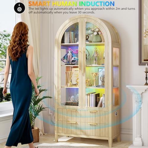 Image of LVSOMT 71 inch Arched Display Cabinet with Glass Doors and RGB Lights, Wood