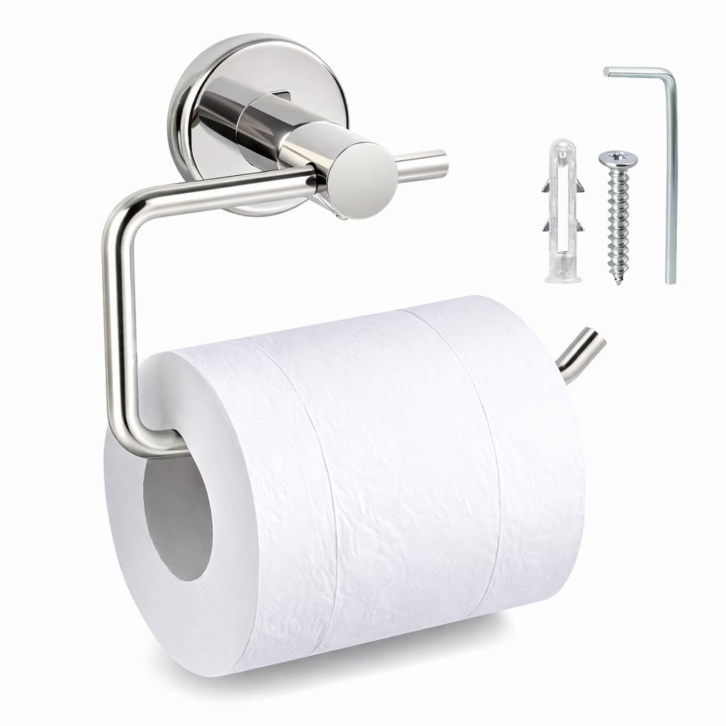 Suction Cup Toilet Paper Roll Holder 1PC Stainless Steel Wall Mounted Solution for Bathroom and Kitchen, Chrome-Plated Rust Toilet Roll Holder with Suction Fixing Design, Toilet Tissue Holder