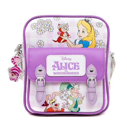Disney Mochila transversal de couro vegano com alça ajustável, festa de chá Alice no País das Maravilhas e poses de flores guingão lavanda, rosa, 7.5' x 9'