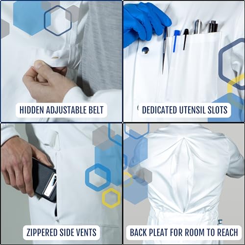 Image of The Lab Coat Project - 100% Cotton Chemistry Men's 6-Pocket Long, Fitted with Snaps, Cuffed Sleeves, Howie Collar, & Belt