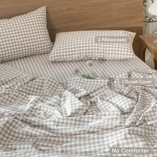 Image of MooMee Gingham Duvet Cover Set 100% Washed Cotton Linen Like King | Relaxed Linen-like Texture. Soft, Breathable & Long-lasting Comfort. Lightweight. Hidden Zipper with 8 Interior Corner Ties