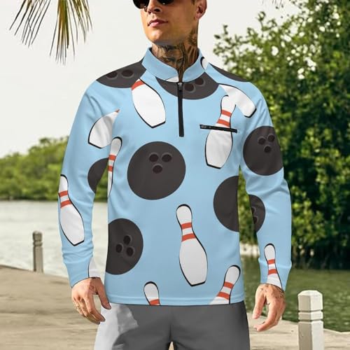 Cartoon Bowling Ball Men's Rash Guard Long Sleeves Quick Dry Fishing Workout Shirts with Zipper2