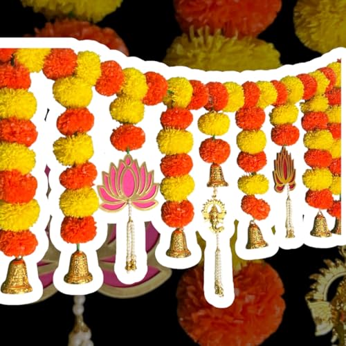 Image of iHandikart Handmade Lotus Marigold Bandanwar with Golden Bells Traditional Door Bandanwar for Makar Sankranti, Lohri, Festive Home Decor & Housewarming Decoration (40 Inch)
