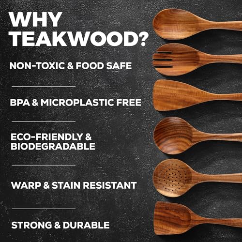 Image of Zulay Kitchen 7-Piece Wooden Cooking Spoons Set - Heat-Resistant, Smooth Teak Utensils with Comfort Grip - Lightweight & Durable - Easy to Clean, Perfect for Non-Stick Cookware