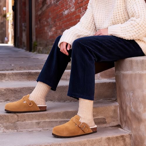 Image of KIDMI Women's Fur Lined Genuine Suede Clogs Fuzzy Cork Footbed Potato Shoes | Adjustable Metal Buckle, Non-slip Rubber Soles, Cushioning, Cozy and Warm, Supportive, Indoor, Outdoor, Winter, Casual