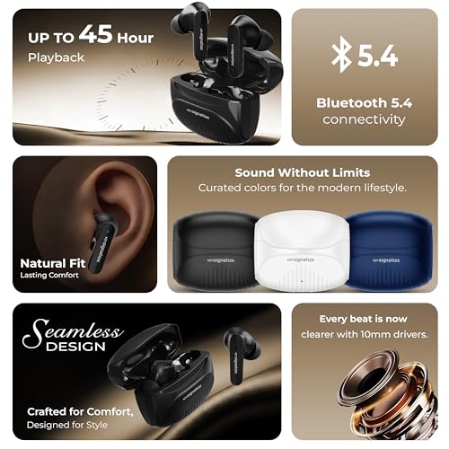 Image of True Wireless Earbuds with 45H Playtime, 10mm Deep Bass Drivers, Bluetooth 5.4, Low Latency, Ergonomic Natural Fit, and Type-C Fast Charging (Black)