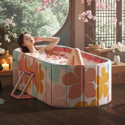 Image of Portable Foldable Adult Bathtub for Home, Large Plastic Soaking Tub with Drain Pipe, Freestanding Spa Bath Tub for Hot & Cold Bath, Balcony & Small Bathroom Use (Peach Blossom)