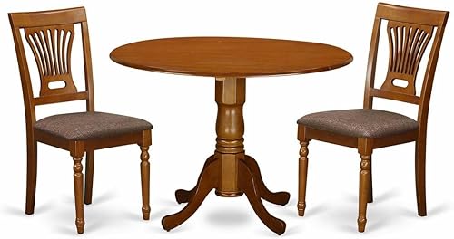 East West Furniture DLPL3-SBR-C - Juego de mesa de comedor de 3 piezas contiene una mesa de cocina redonda con gotas y 2 sillas de comedor tapizadas