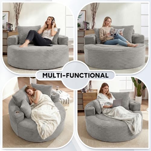 Image of Oversized Round Chair Lounge Chaise Indoor, 55.5 inch Upholstered Corduroy Deep Seat Single Cloud Sofa Chair with Cup Holder, Modern Large Circle Boneless Sleeper Sofa for Living Room, Light Grey