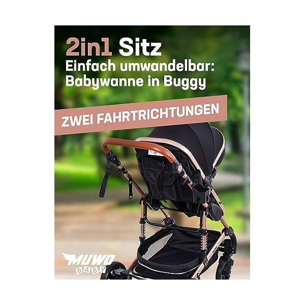 MUWO 3 in 1 Kinderwagen Komplettset inkl. Babywanne, Buggy Sportsitz, Auto Babyschale mit Regenschutz und Moskitonetz, zusammenklappbar (Schwarz) – Bild 5
