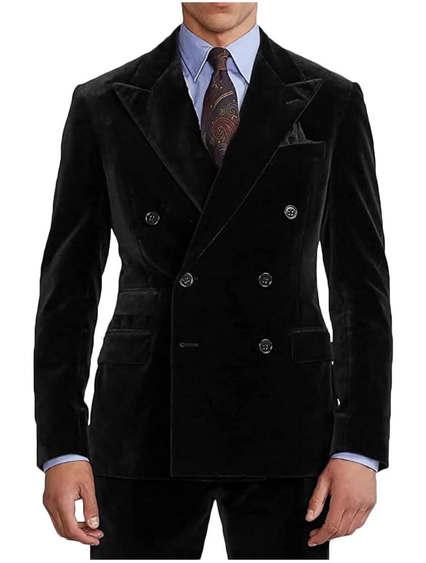 Double Breasted Velvet Men Suits for Wedding Guest Slim Fit Notch Lapel Groom Tuxedos Prom Suit Black 38 Chest / 32 Waist