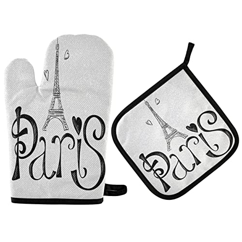 ALAZA I Love Paris Eiffel Tower France White Oven Mitt and Pot Holder Set Heat Resistant Kitchen Glove for Cooking Baking Grilling Barbecue
