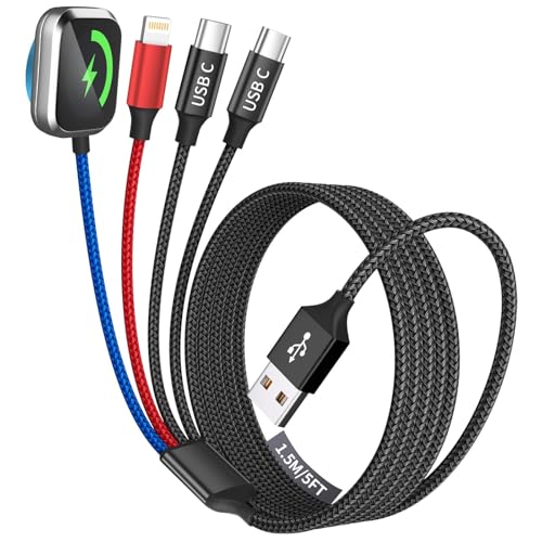 Image of Dual Type-C 4 in 1 Charging Cable for Phone Watch Charger, Travel Essentials Multi Charging Cable iPhone Charger Cord Compatible with iWatch Ultra /SE /10-1, iPhone17 16 15 14, Android-1Pc 5FT