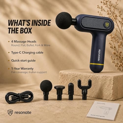 Image of Resonate Aura Percussion Massage Gun | Deep Tissue Muscle Recovery | 4 Heads, 5 Speed, 3500 RPM | Touch Sensitive | for Back, Neck & Shoulder Pain Relief | USB-C | 1 Year Warranty