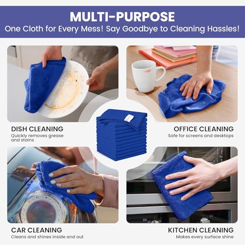 Image of SIFANGKE Microfiber Cleaning Cloth, 12 Pack RoyalBlue Cleaning Rags for Housekeeping, Reusable Microfiber Towels for Car, Kitchen, Bathroom and Household Cleaning Supplies, 11.8 inchX11.8 inch