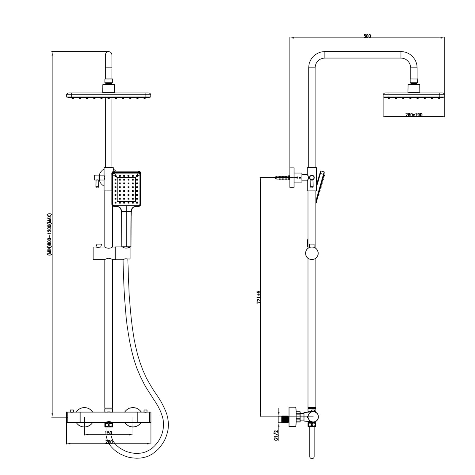 KOMIRO Duschsystem mit Thermostat, Duscharmatur mit thermostat, Regendusche mit Armatur, Duschkopf mit Schlauch und Edelstahl Höheverstellbarer Duschstange Duschset, Eckig, Chrom