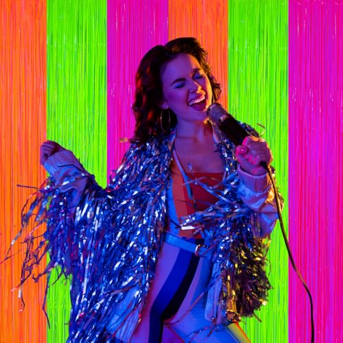Image of 2 Pack Glow in The Dark Party Curtains Streamers, Neon Party Decorations Fluorescent Macaron Colorful Tinsel Foil Fringe Curtains, Photo Booth Prop Backdrop Streamers, Birthday Halloween Party Decor