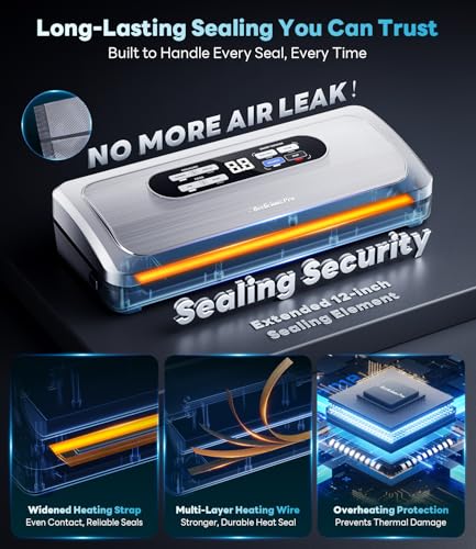 Vacuum Sealer Machine with AirLock ProSeal System, 10-in-1 Vacuum Sealer for Food, Dry & Moist Modes, Compact Design with Digital Timer, Built-in Cutter & Roll Storage, Stainless Steel