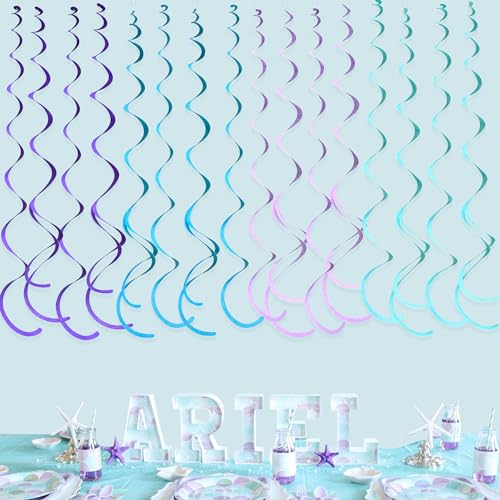 Image of 36 Pcs Mermaid Hanging Swirl Decorations Teal Purple Felt Swirl Streamer Spiral Ceiling Decorations Garland for Little Mermaid Under The Sea Birthday Wedding Bridal Shower Party Supplies