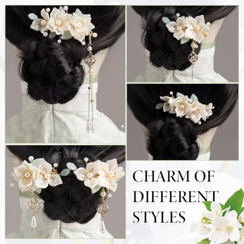Image of MAYCREATE 5Pcs Camellia Flower Tassels Hair Pin Crystal Rhinestone Pearl Headpiece Retro Brides Hair Accessories for Women Girls Updo Long
