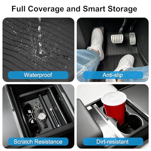 Image of Weize Tesla Model 3 Highland 2025 2024 Accessories 12 PCS Full Set - All Weather Floor Mats & Center Console Organizer Combo | 8PCS Floor Liners + 4 PCS Double Layer Console Organizer