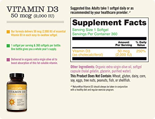 Naturewise Vitamin D3 2000Iu (50 Mcg) Healthy Muscle Function, And Immune Support, Non-Gmo, Gluten Free In Cold-Pressed Olive Oil, Packaging Vary ( Mini Softgel), 360 Count(Pack Of 1) #TOP1