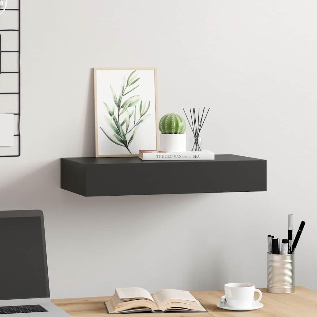 Estantería flotante negra con cajón, 48 x 25 x 8 cm, tablero de fibra de densidad media, moderno para libros, decoración, cocina, baño, sala de estar