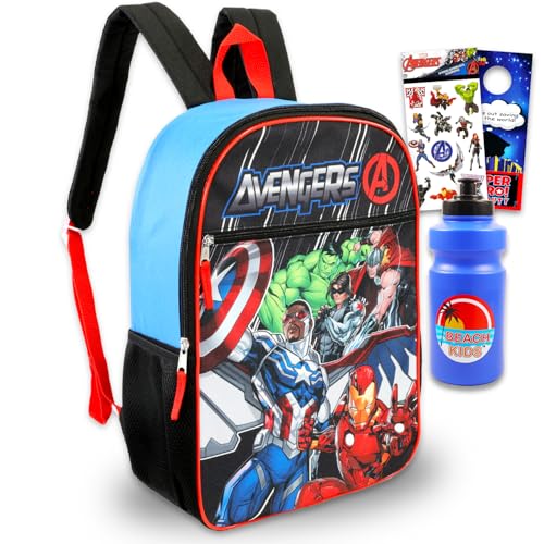 Marvel Conjunto de mochila do Capitão América para meninos – Pacote com mochila dos Vingadores de 40,6 cm, garrafa de água, adesivos e mais mochila escolar do Capitão América para crianças, Multicor