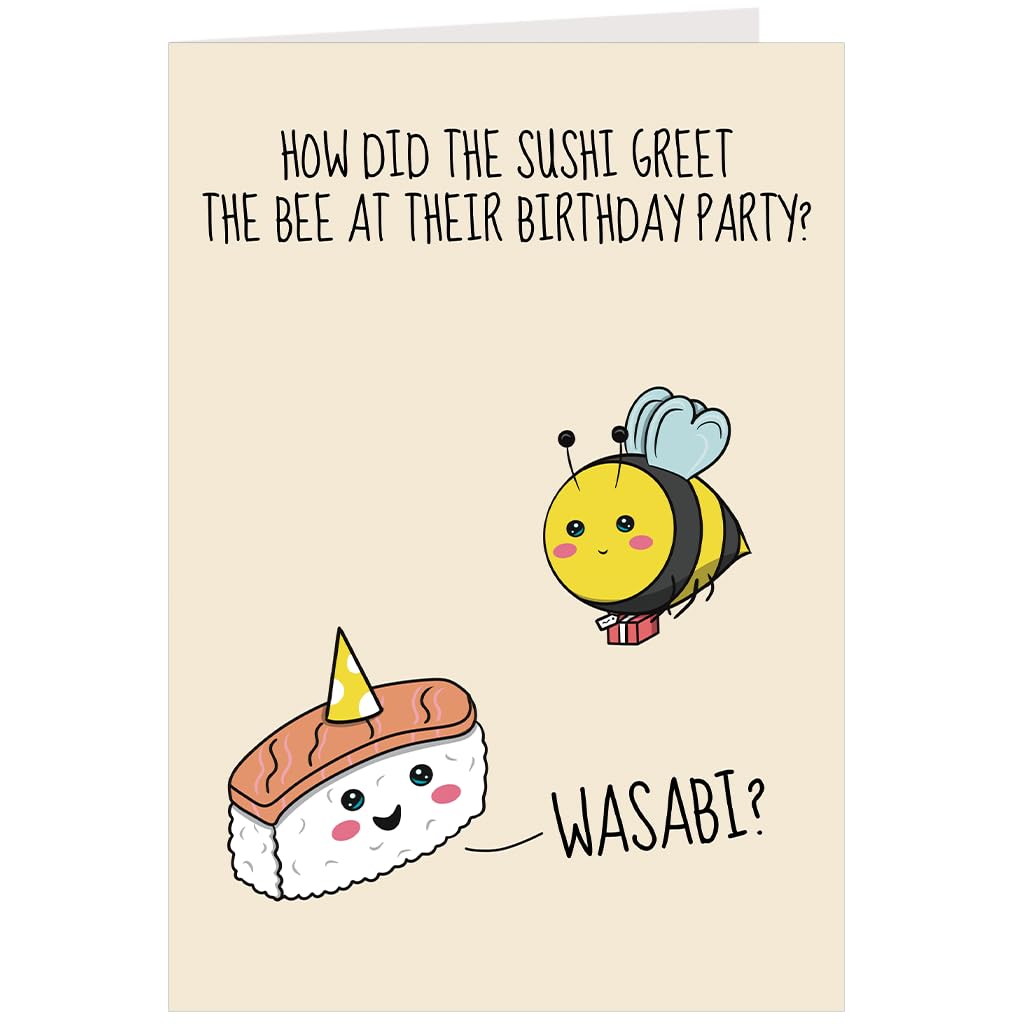 Japanese Food Birthday Card – Sushi, Bee and Wasabi Joke - Funny Food Pun Card for Him, Her, Friend – Blank Inside – Large Size 7x5 with Envelope