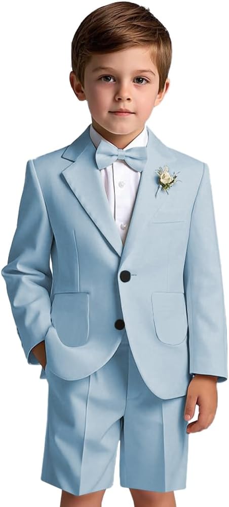 Boys Summer Suits Toddler Wedding Tuxedo Suits Slim Fit 2 Pieces Patch Pockets Suit Jacket and Shorts Set for Boys