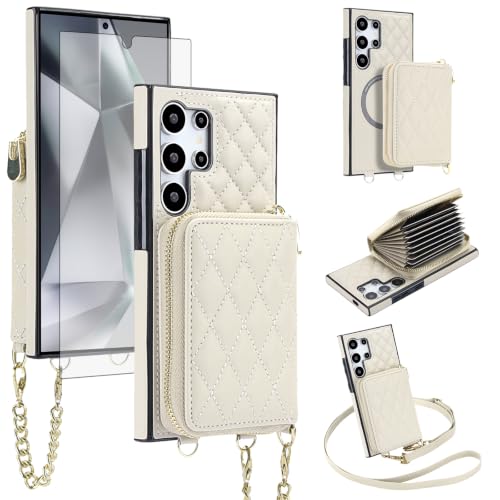 Asuwish Detachable Magnetic Wireless Charging Wallet Phone Case for Samsung Galaxy S24 Ultra 5G with Screen Protector Crossbody Strap RFID Blocking Card Holder S24Ultra 24S S 24 24Ultra Women Beige