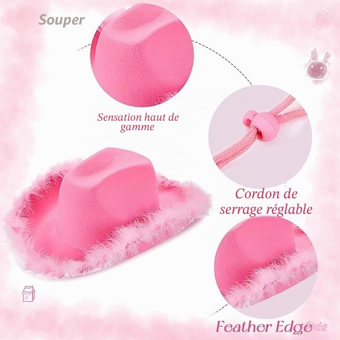 LYCN Lot de 6 chapeaux de cowboy roses pour femme, chapeau de cowboy western en feutre rose avec garniture en plumes moelleuses pour mariage, enterrement de vie de jeune fille, fête d'anniversaire