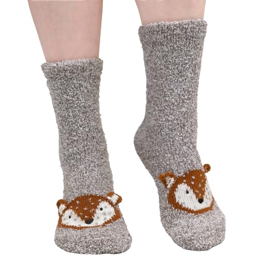 Image of BambooMN Super Soft Warm Cute Women's Animal Non-Slip Fuzzy Fluffy Crew Winter Home Socks