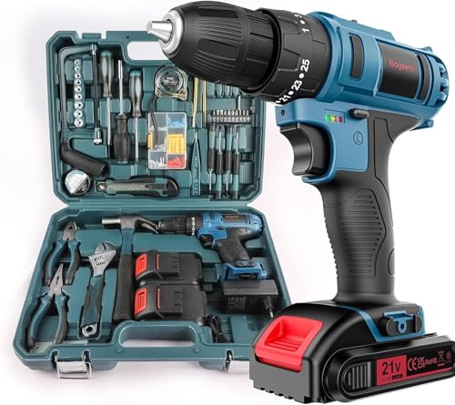 Bogseth 21V Akkuschrauber Set,Akkubohrer mit 112PCS Werkzeugkoffer,45 N.m Max akku bohrmaschine mit 2 x 2000mAh Akkus,2 Gang, 25+3 Drehmomentstufen, LED Licht, für Haus und Garten DIY Projekt